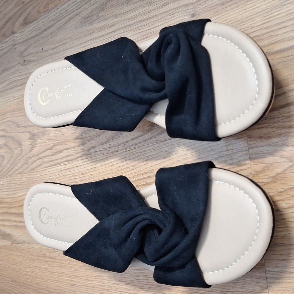 C Comfort Black Wedge Sandals Faux Velvet